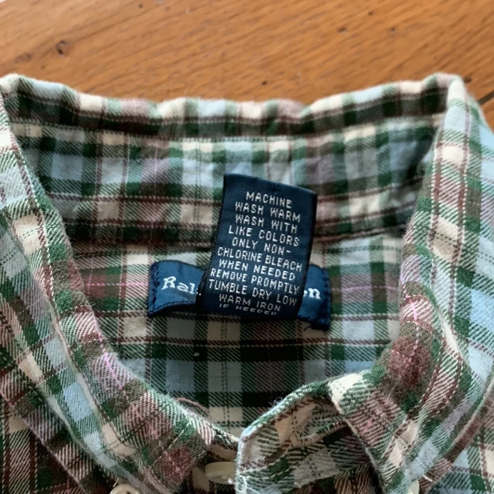 Ralph Lauren Youth Cotton Flannel Button Down Brown & Green Plaid Size Large